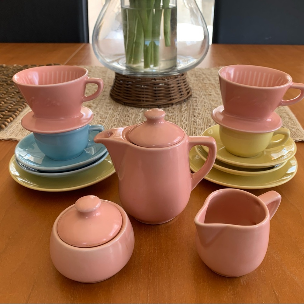 Vintage Childs Melitta coffee set cream sugar, plates, cups filter, pastel 15 PC